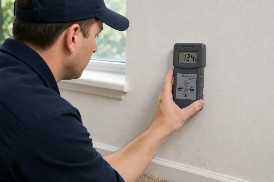 A technician pressing a pinless moisture meter against a wall to take the first reading of a dry-out