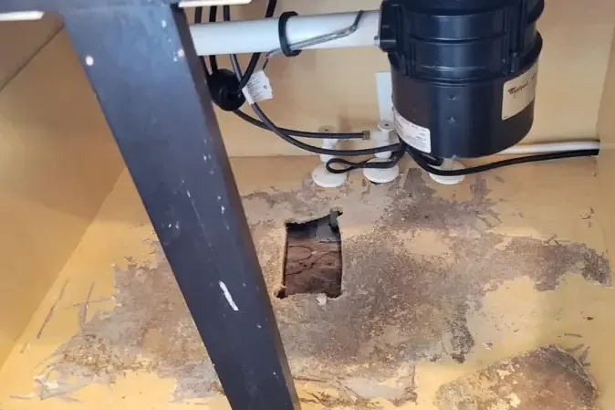 A water damaged sink cabinet floor with an access hole cut under the plumbing