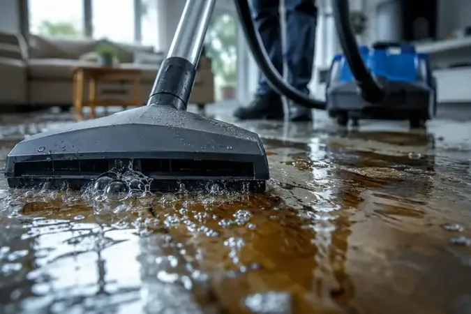 An extraction tool pulling standing water off a flooded floor