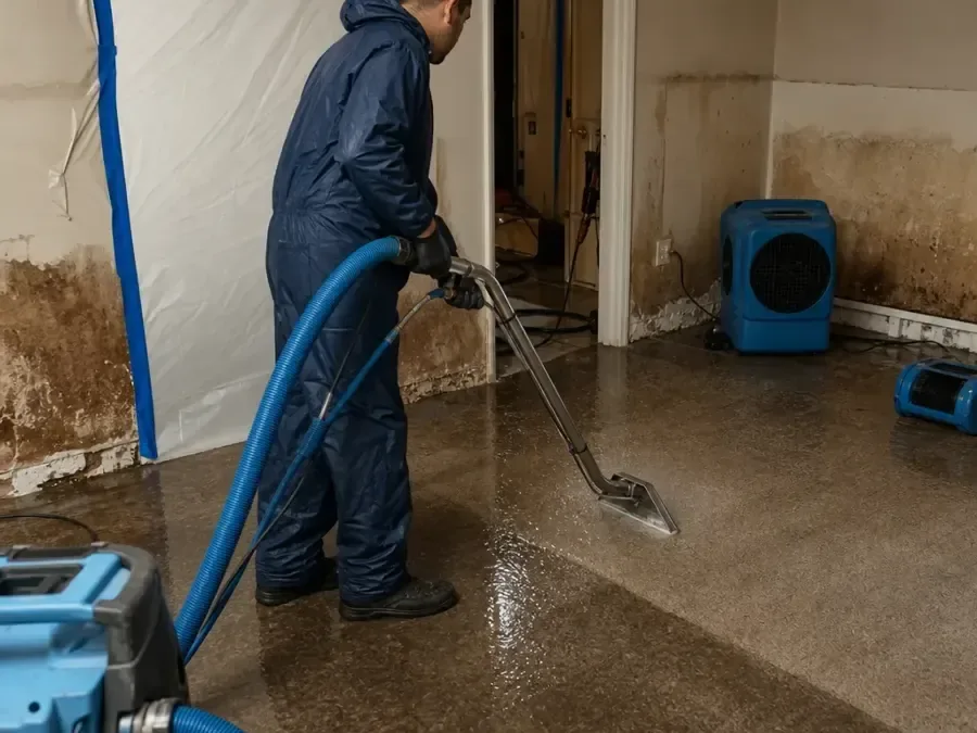 A restoration technician running an extraction tool across a wet floor inside a water damaged house