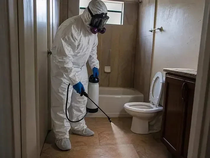 A technician in a protective suit and respirator treating a bathroom after a sewage backup