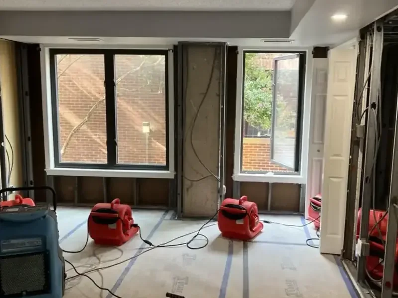 Air movers and dehumidifiers drying a gutted room with flood-cut walls