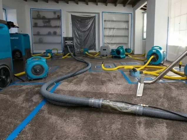 An extraction wand drawing water out of soaked carpet while air movers run across the room
