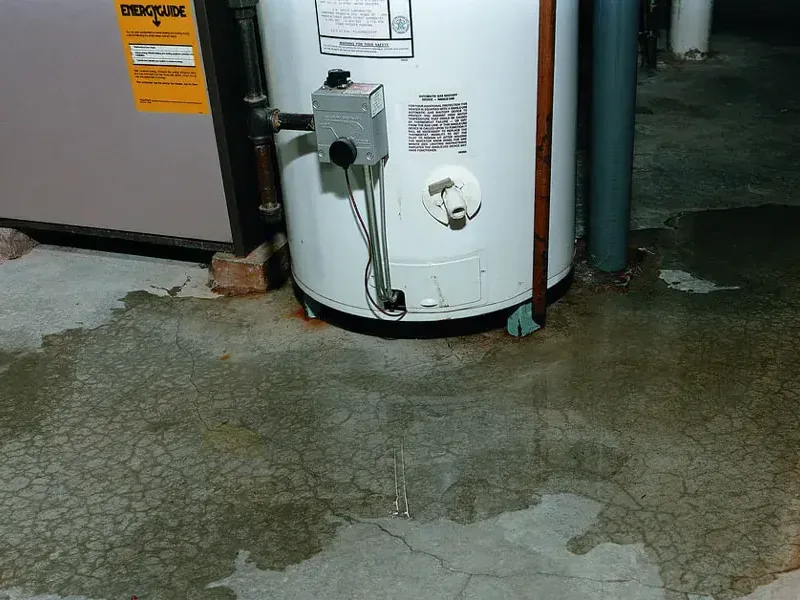 A leaking water heater spreading water across a garage floor